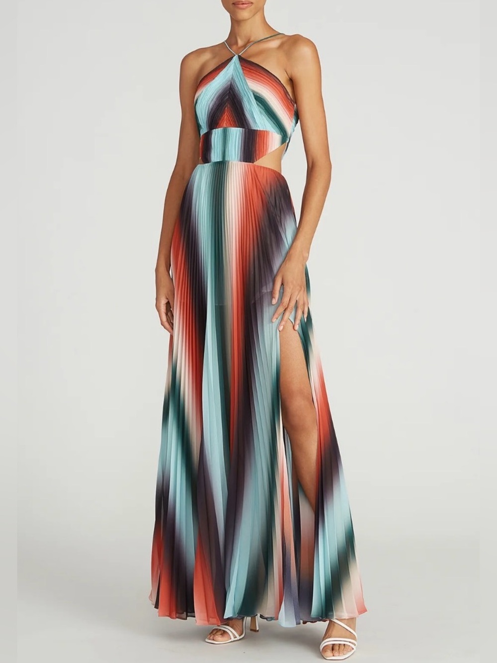 AMUR Halter Maxi Dress with Side Cutout Multicolored Vintage Stripe Sz 0